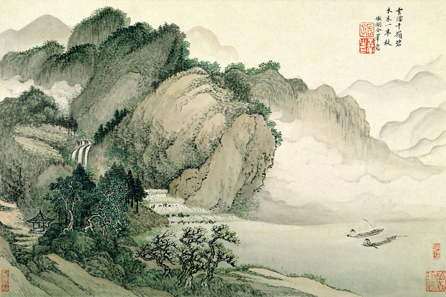 Chinese art prints, Chinese landscape, Boat paintings, Landscape with two boats FINE ART PRINT, art posters, wall art, home decor, art gifts