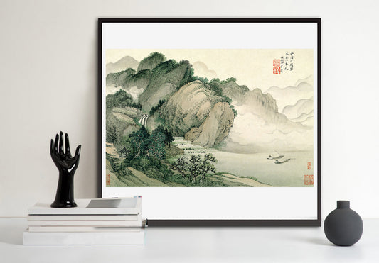Chinese art prints, Chinese landscape, Boat paintings, Landscape with two boats FINE ART PRINT, art posters, wall art, home decor, art gifts