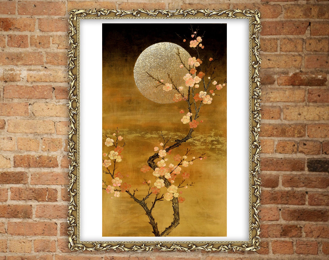 Asian art, Plum Blossoms, Sakura, Night art, Moon, Blooming plum at night FINE ART PRINT