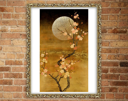 Asian art, Plum Blossoms, Sakura, Night art, Moon, Blooming plum at night FINE ART PRINT