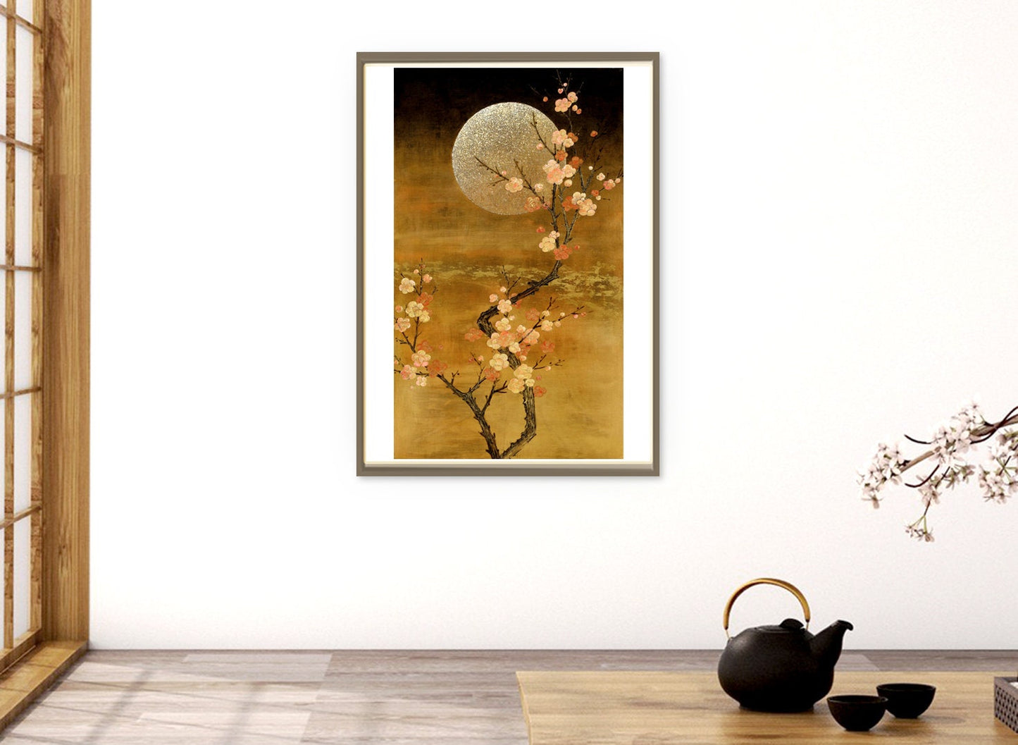 Asian art, Plum Blossoms, Sakura, Night art, Moon, Blooming plum at night FINE ART PRINT