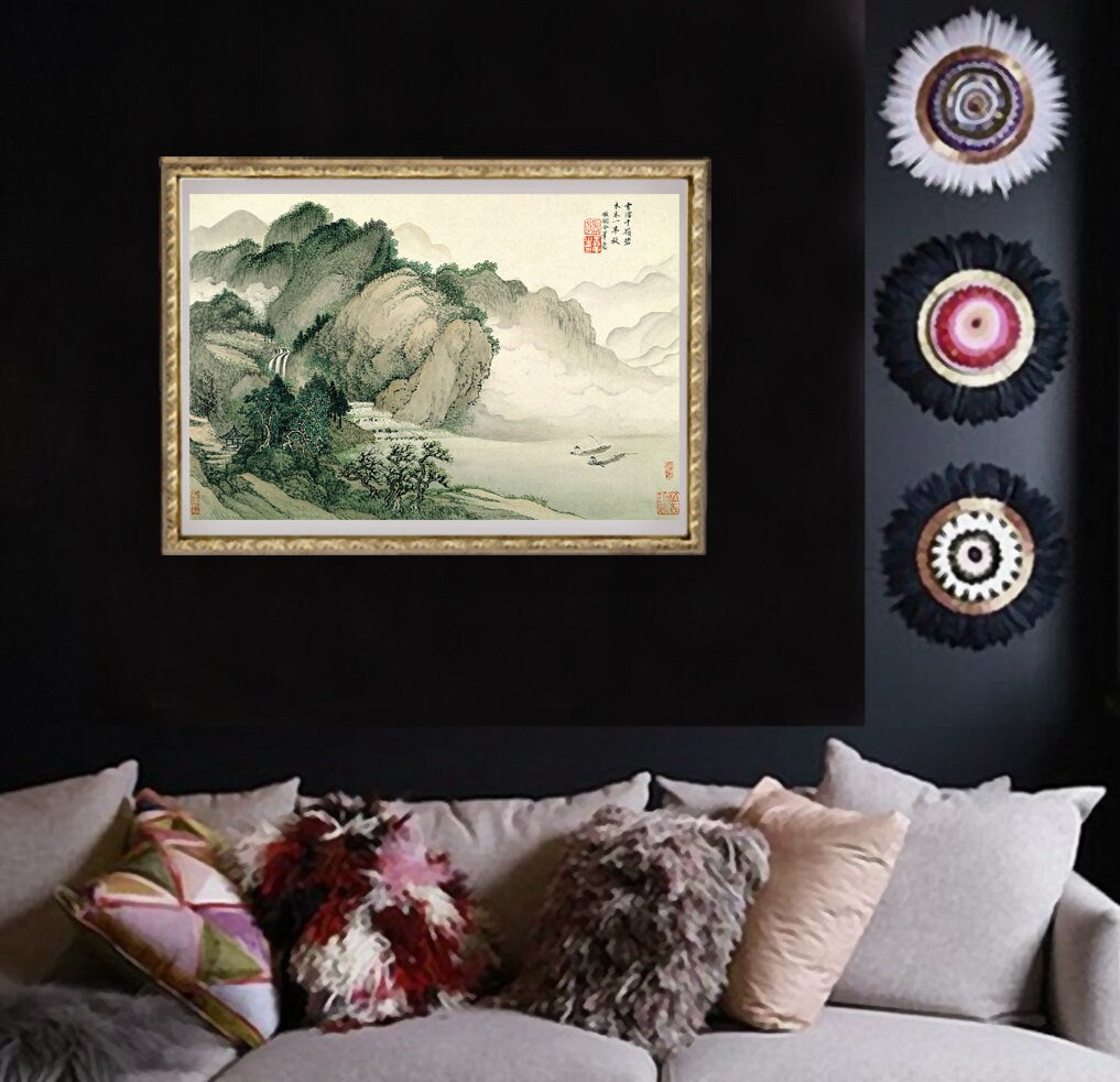 Chinese art prints, Chinese landscape, Boat paintings, Landscape with two boats FINE ART PRINT, art posters, wall art, home decor, art gifts