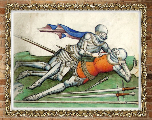 Antique Medieval art, Vintage illustrations, Two Knights fighting lying on the ground FINE ART PRINT, wall art, home decor, art poster, gift