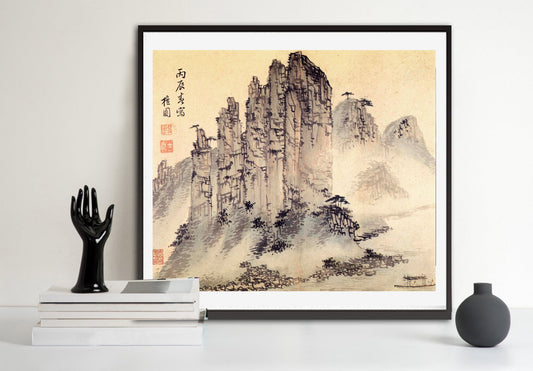 Asian art, Vintage landscapes, Korean paintings, Mountain landscape with a boat FINE ART PRINT, art print, asian wall art poster, home decor