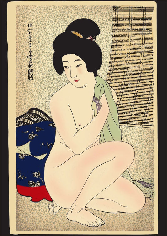 Japanese art, Nude geisha girl by Hirano Hakuho, vintage erotic japanese art prints, posters, paintings, woodblock prints reproductions