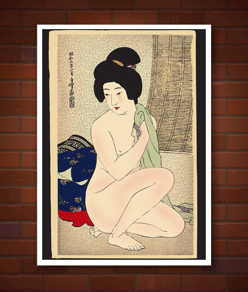 Japanese art, Nude geisha girl by Hirano Hakuho, vintage erotic japanese art prints, posters, paintings, woodblock prints reproductions