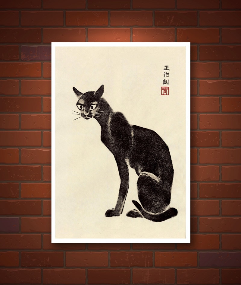 Japanese animal art, Black Cat woodblock print reproduction FINE ART PRINT, animals cats paintings, prints, posters, japan wall home decor