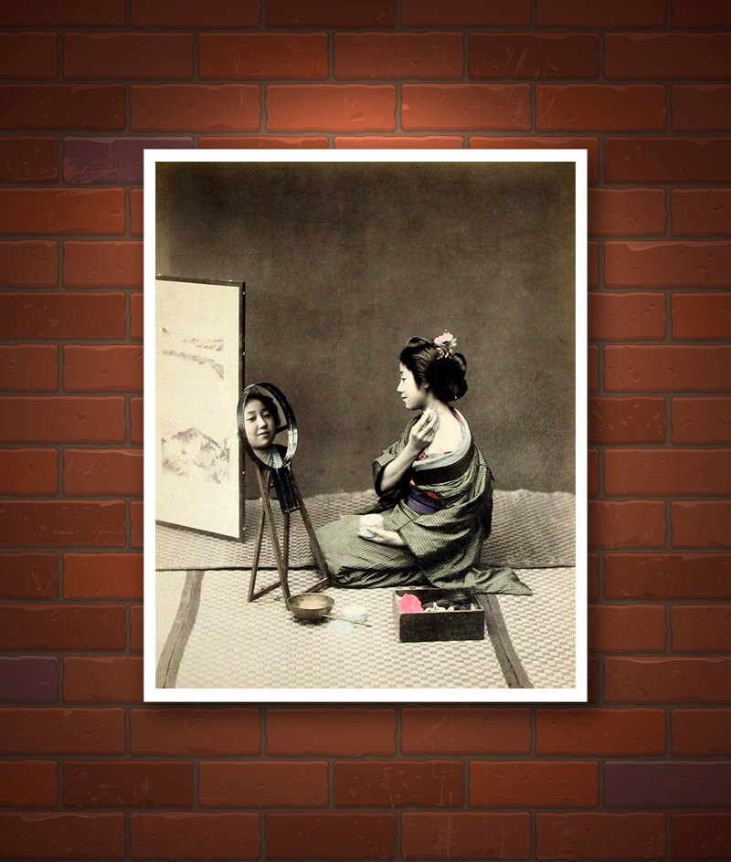 Japanese geisha vintage photography, Geisha and Mirror FINE ART PRINT, old antique photographs art prints, japanese geisha wall art posters