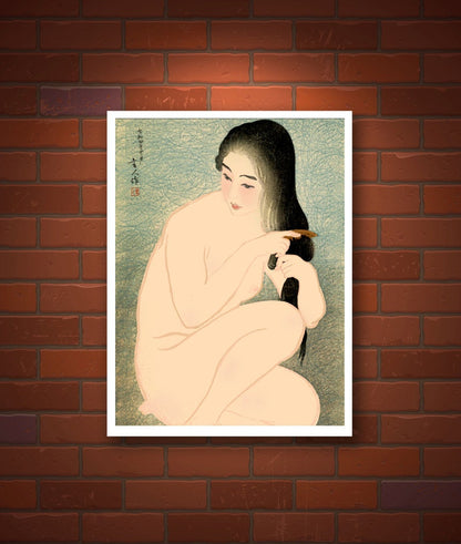 Vintage japanese erotic nudes art prints, Beauty combing her hair Torii Kotondo, FINE ART PRINT, japanese woodblock print reproduction