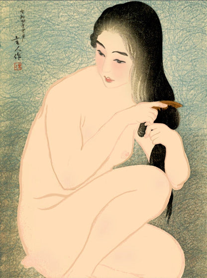 Vintage japanese erotic nudes art prints, Beauty combing her hair Torii Kotondo, FINE ART PRINT, japanese woodblock print reproduction