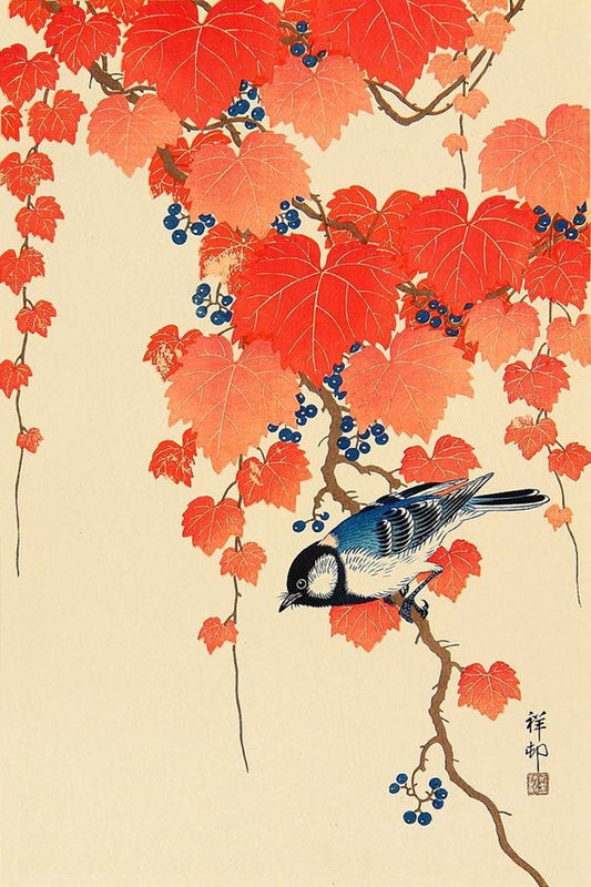Japanese birds and flowers art prints, posters, Bird, Red Ivy Ohara Koson FINE ART PRINT, Japanese paintings, woodblock prints reproductions
