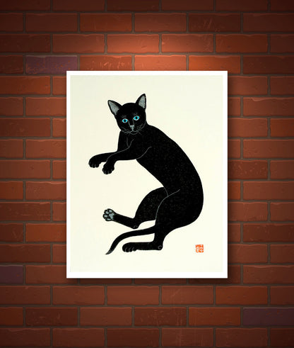 Cat art prints, Japanese cats posters, animal art poster, animal paintings, Black Cat FINE ART PRINT, children kids room wall art poster