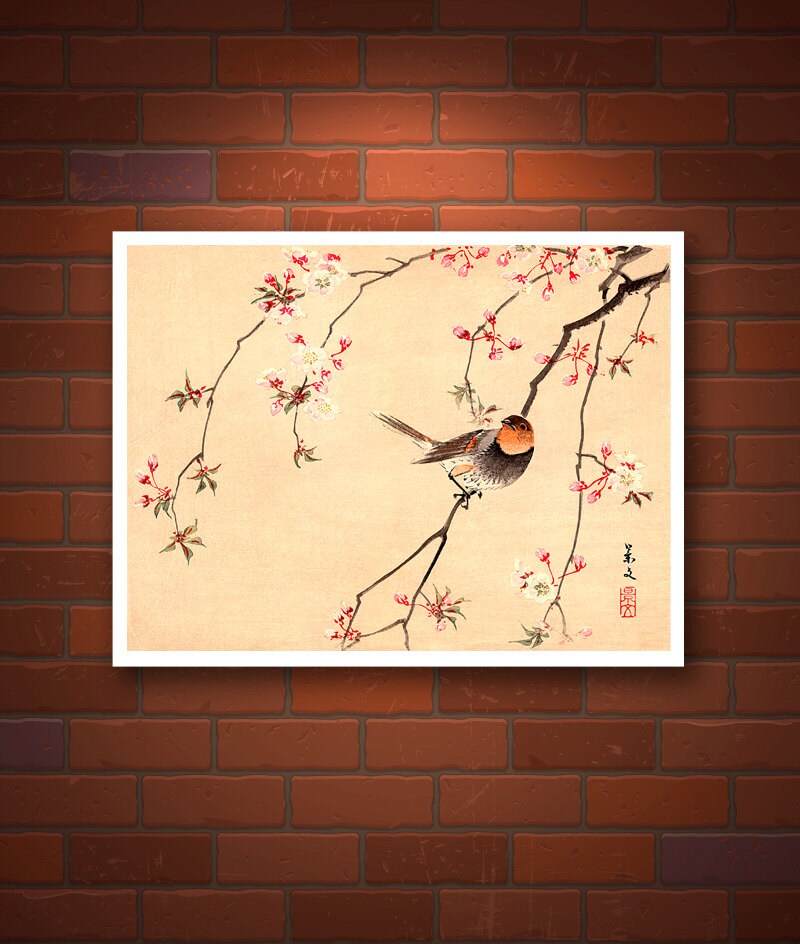 Bird and Flower japanese art, Red Avadavat and Cherry FINE ART PRINT, Japanese birds flowers art prints, posters, paintings, woodblock