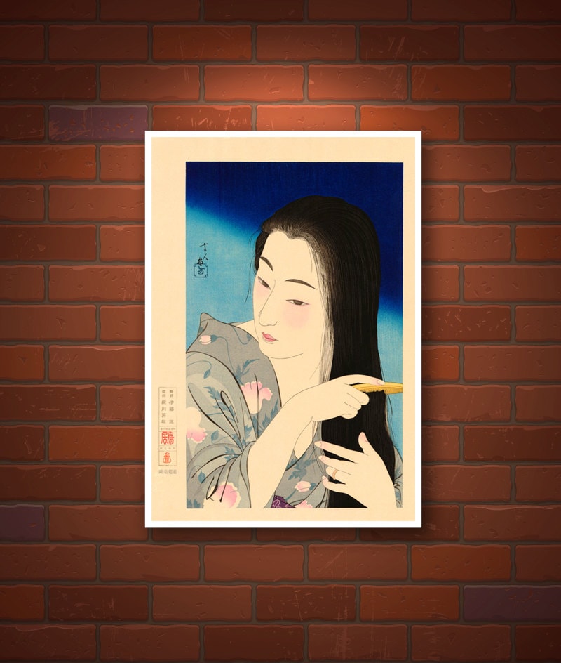 Japanese art, Combing her hair (Kamisuki) Torii Kotondo, Japanese art prints, posters, paintings, woodblock prints, ukiyo-e reproductions