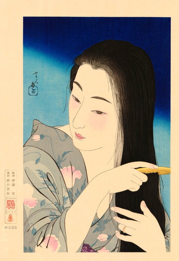 Japanese art, Combing her hair (Kamisuki) Torii Kotondo, Japanese art prints, posters, paintings, woodblock prints, ukiyo-e reproductions