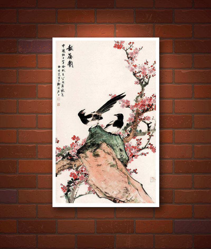 Chinese art, birds and flowers watercolour painting, Magpies on a Plum Tree Blossoms FINE ART PRINT, Chinese prints, art posters, wall art