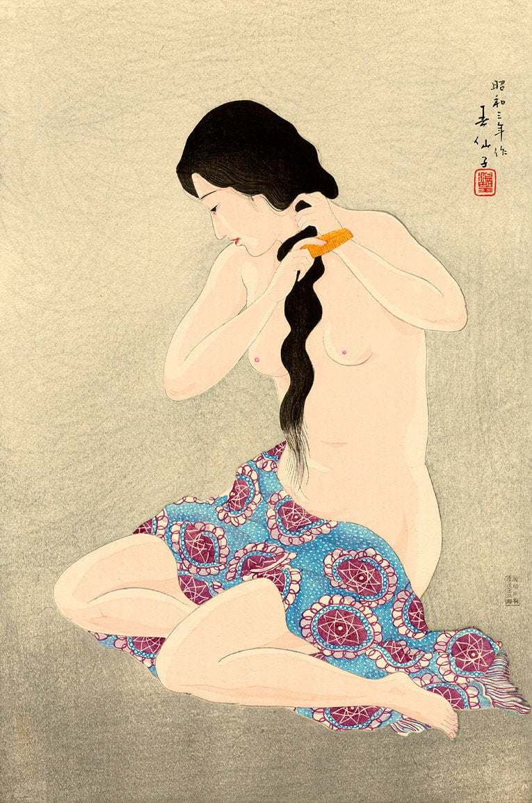 Erotic japanese art, Nude combing hair, Kamisuki Natori Shunsen FINE ART PRINT, vintage art prints, posters, paintings, woodblock prints