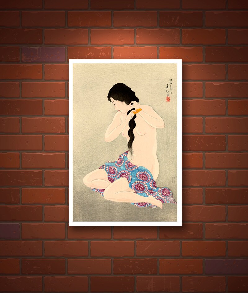 Erotic japanese art, Nude combing hair, Kamisuki Natori Shunsen FINE ART PRINT, vintage art prints, posters, paintings, woodblock prints