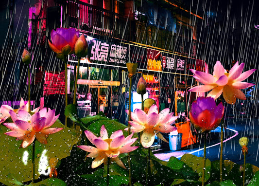 Abstract cityscape art photography, Asian art, Lotuses under the Rain ORIGINAL DIGITAL ART by Alex Solodov