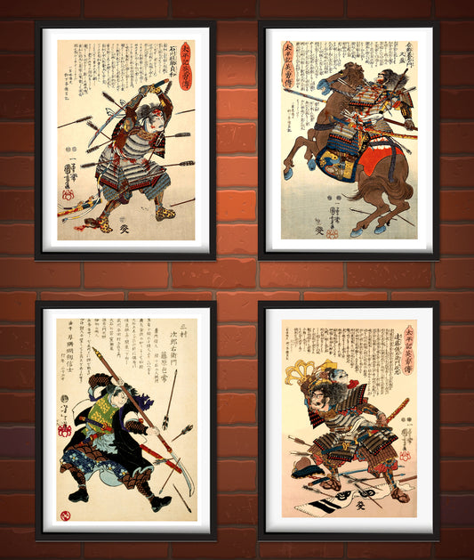 Japanese art, Vintage samurai warriors paintings, Four samurais fighting by Kuniyoshi FINE ART PRINTS, Set of 4 prints, wall all art, home decor