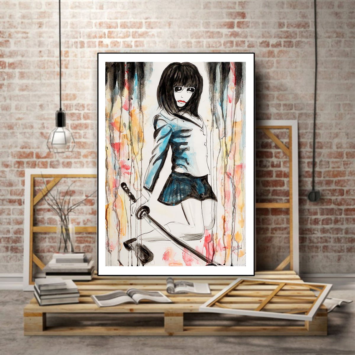 Asian watercolor painting, Japanese Schoolgirl with Katana ORIGINAL ART by Alex Solodov