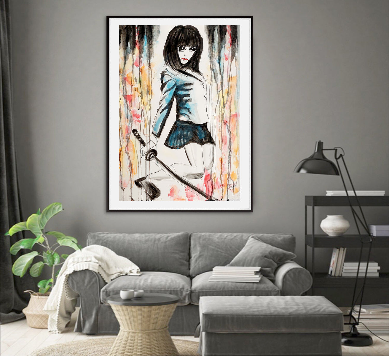 Asian watercolor painting, Japanese Schoolgirl with Katana ORIGINAL ART by Alex Solodov