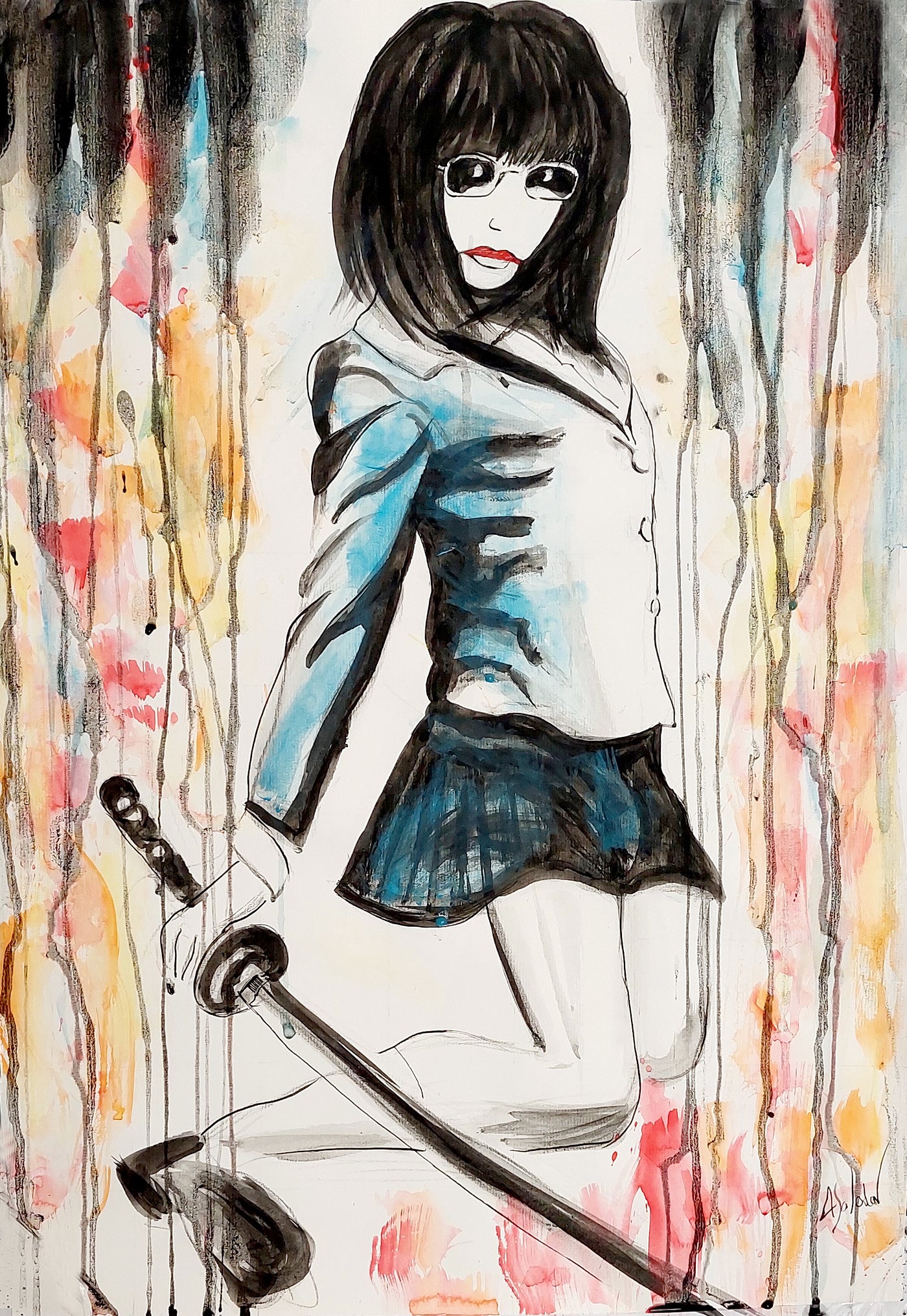 Asian watercolor painting, Japanese Schoolgirl with Katana ORIGINAL ART by Alex Solodov