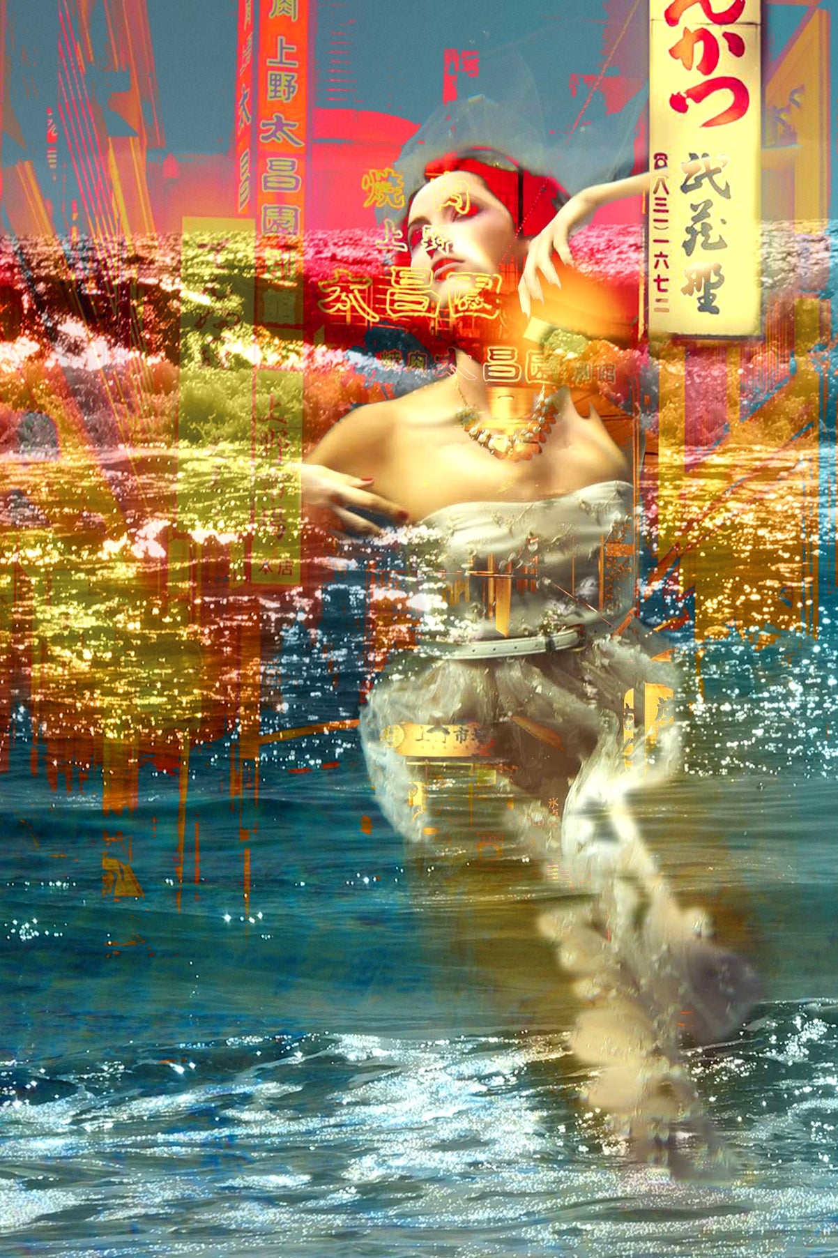 Surreal art, Digital artwork, Tokyo under Water ORIGINAL ART by Alex Solodov