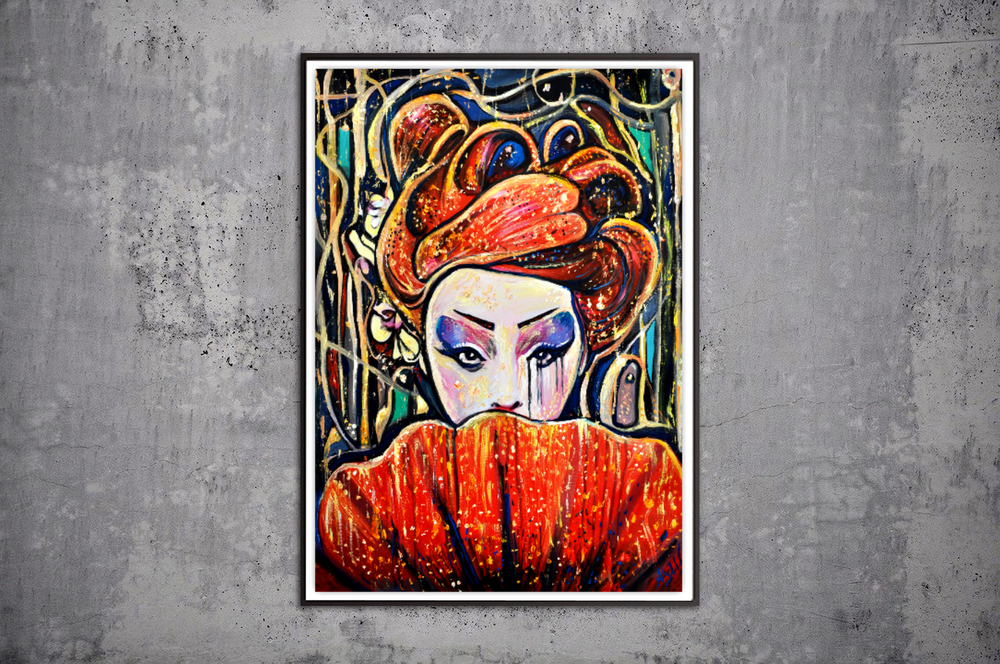 Geisha portrait, Anime Geisha with Fan ORIGINAL ART by Alex Solodov