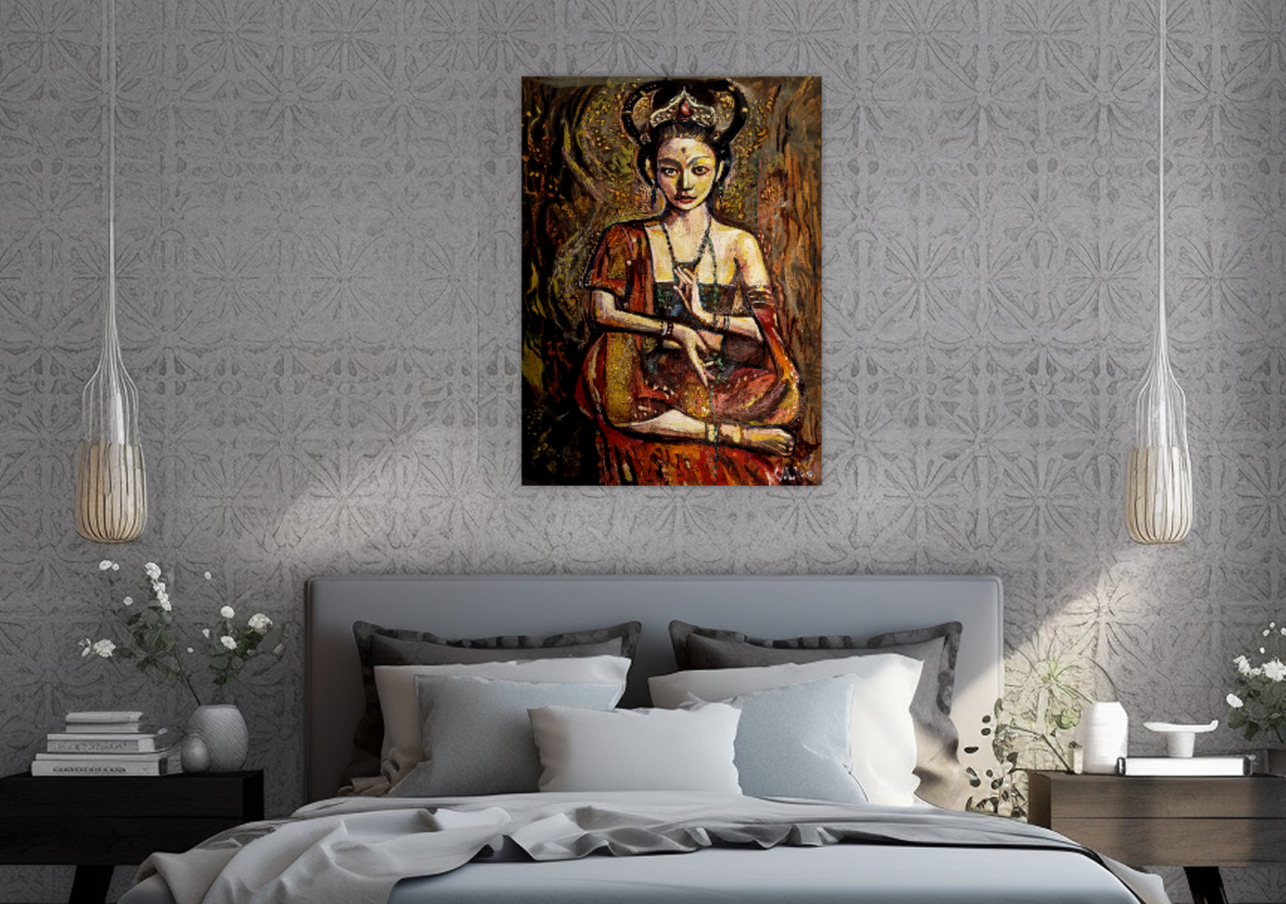 Asian art, Abstract oil painting, Portrait of a girl in meditation ORIGINAL ART by Alex Solodov