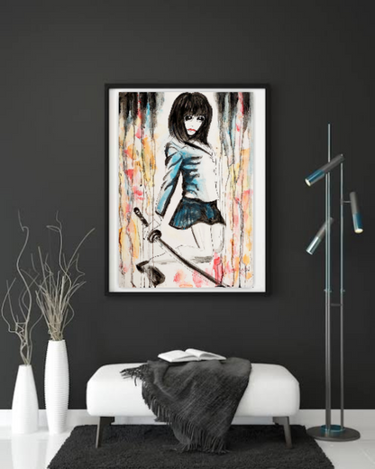 Asian watercolor painting, Japanese Schoolgirl with Katana ORIGINAL ART by Alex Solodov