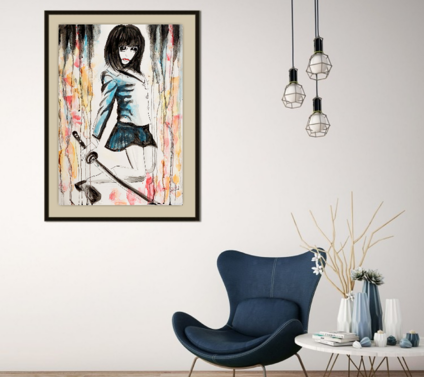 Asian watercolor painting, Japanese Schoolgirl with Katana ORIGINAL ART by Alex Solodov