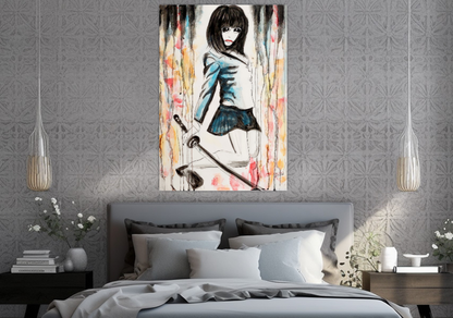 Asian watercolor painting, Japanese Schoolgirl with Katana ORIGINAL ART by Alex Solodov