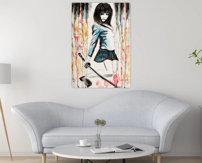 Asian watercolor painting, Japanese Schoolgirl with Katana ORIGINAL ART by Alex Solodov