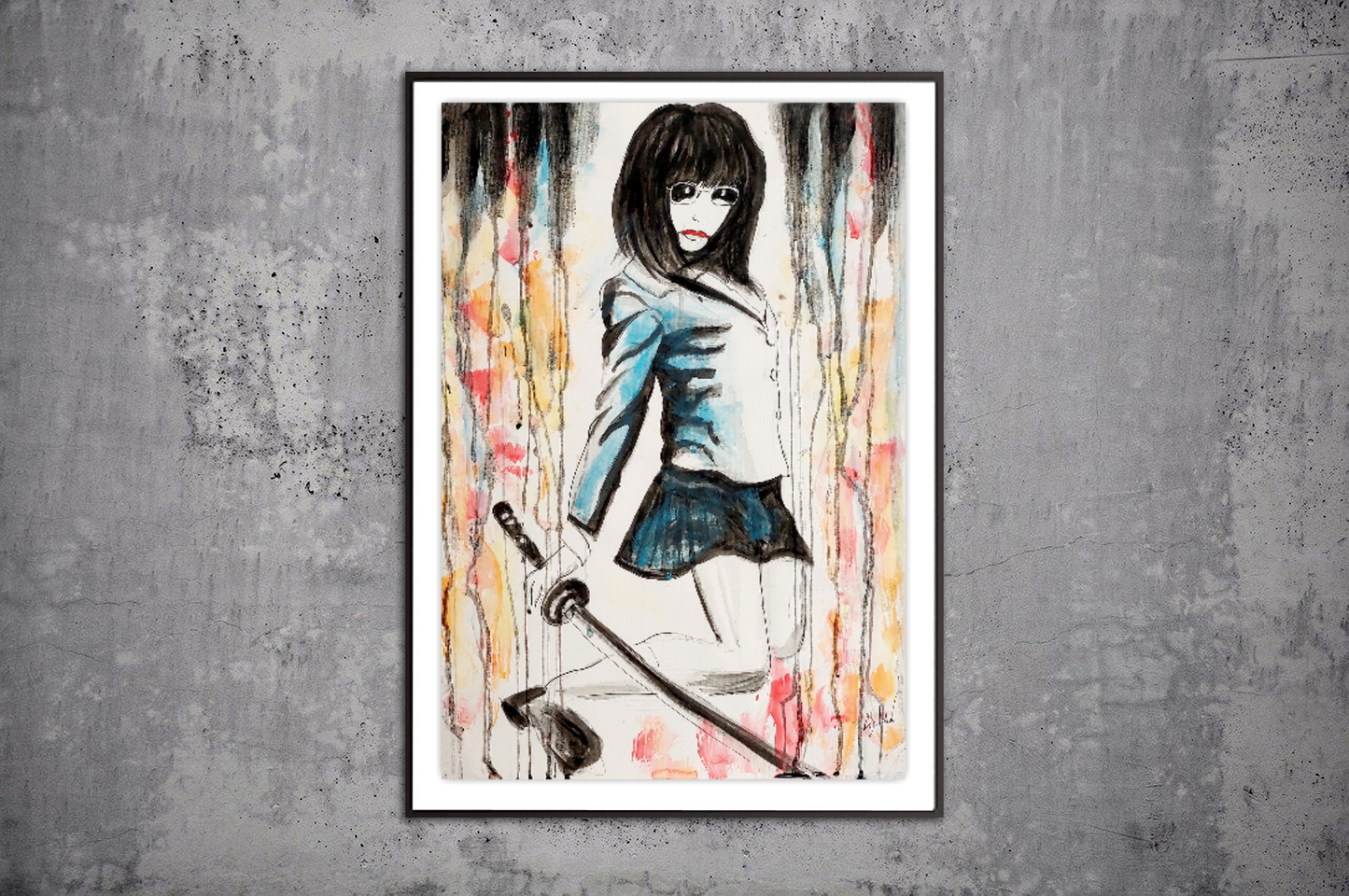 Asian watercolor painting, Japanese Schoolgirl with Katana ORIGINAL ART by Alex Solodov