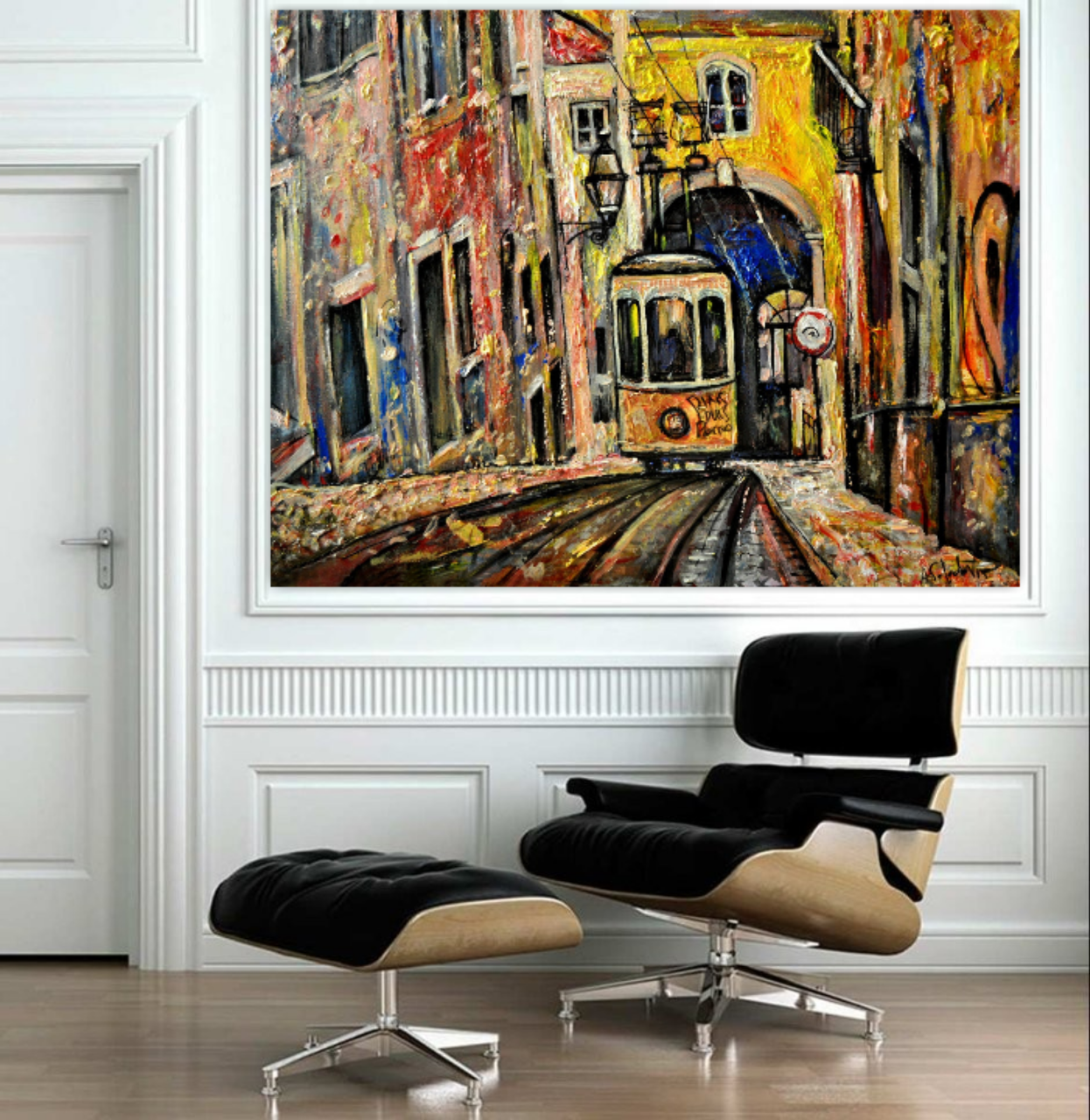 Lisbon city view painting, Abstract cityscape, Portugal art, Lisbon Tram ORIGINAL ART PRINT by Alex Solodov