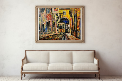 Lisbon city view painting, Abstract cityscape, Portugal art, Lisbon Tram ORIGINAL ART PRINT by Alex Solodov