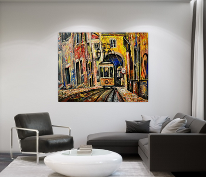 Lisbon city view painting, Abstract cityscape, Portugal art, Lisbon Tram ORIGINAL ART PRINT by Alex Solodov