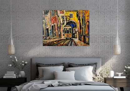 Lisbon city view painting, Abstract cityscape, Portugal art, Lisbon Tram ORIGINAL ART PRINT by Alex Solodov