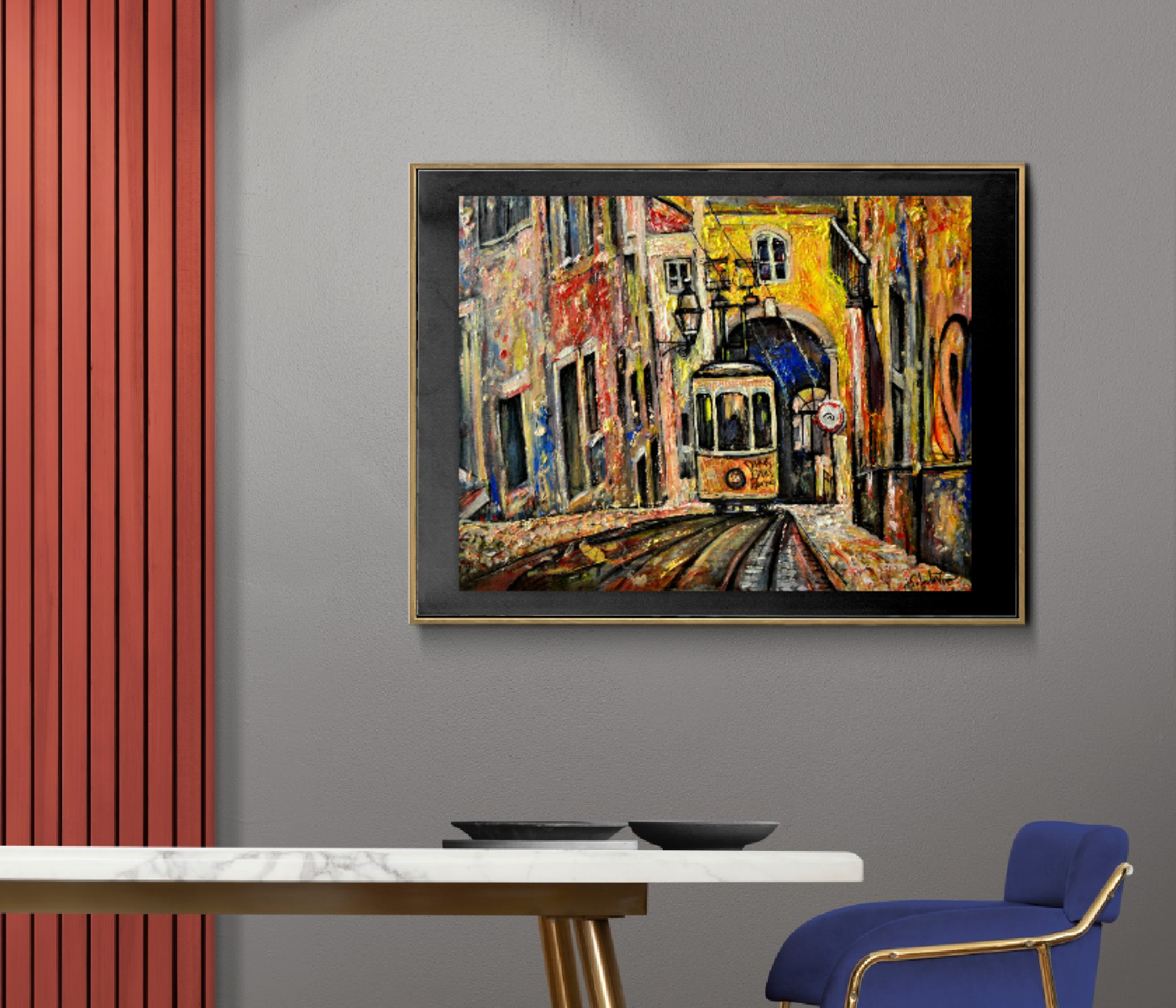 Lisbon city view painting, Abstract cityscape, Portugal art, Lisbon Tram ORIGINAL ART PRINT by Alex Solodov