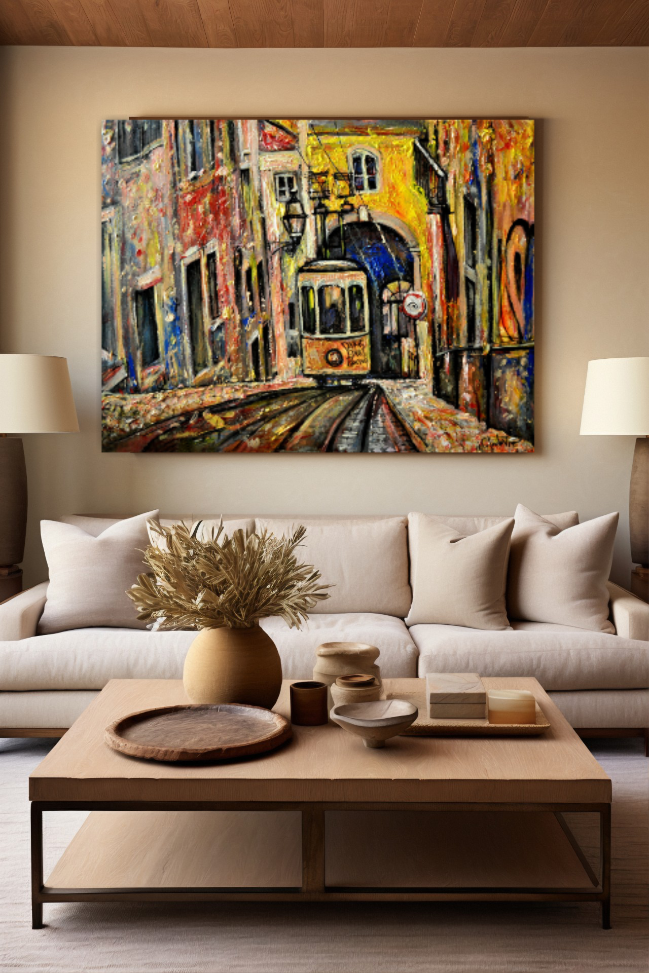 Lisbon city view painting, Abstract cityscape, Portugal art, Lisbon Tram ORIGINAL ART PRINT by Alex Solodov