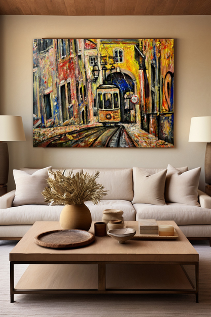 Lisbon city view painting, Abstract cityscape, Portugal art, Lisbon Tram ORIGINAL ART PRINT by Alex Solodov