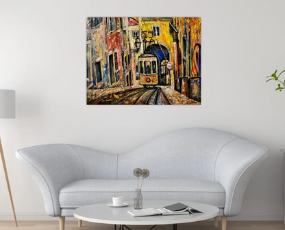 Lisbon city view painting, Abstract cityscape, Portugal art, Lisbon Tram ORIGINAL ART PRINT by Alex Solodov