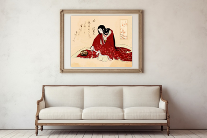 Japanese art, Japanese geisha painting, Geisha print, Geisha with cat cutting kimono FINE ART PRINT