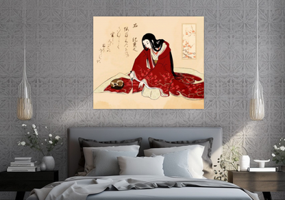 Japanese art, Japanese geisha painting, Geisha print, Geisha with cat cutting kimono FINE ART PRINT