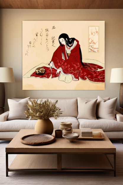 Japanese art, Japanese geisha painting, Geisha print, Geisha with cat cutting kimono FINE ART PRINT