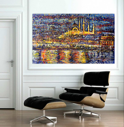 Istanbul painting, Abstract Turkey cityscape, Bosphorus at Starry Night ORIGINAL ART by Alex Solodov