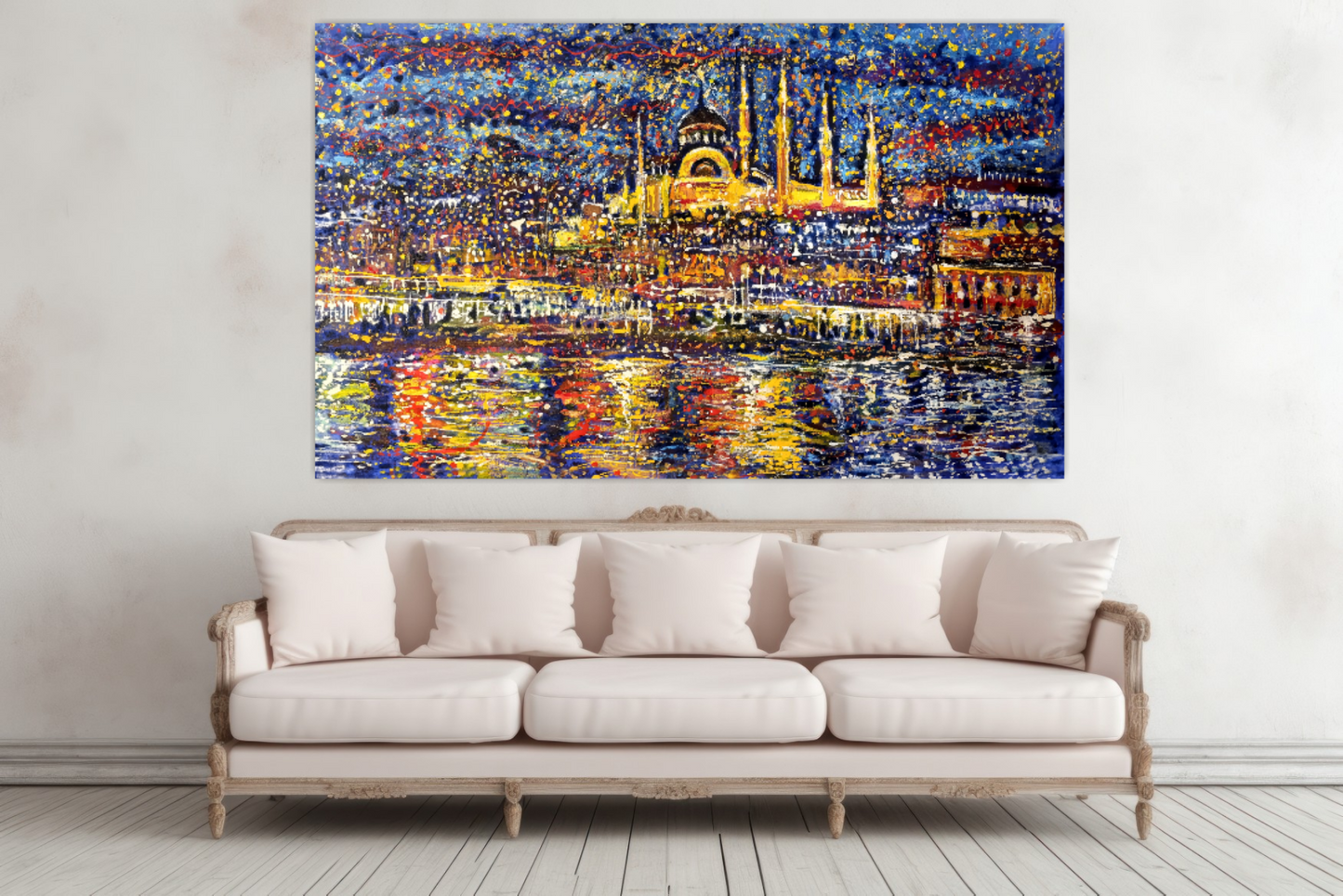 Istanbul painting, Abstract Turkey cityscape, Bosphorus at Starry Night ORIGINAL ART by Alex Solodov