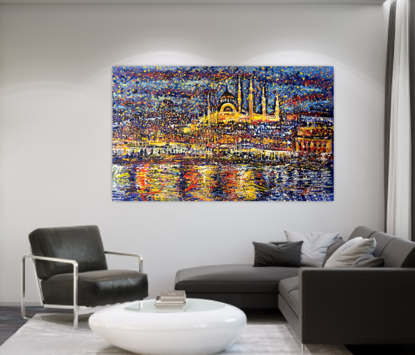 Istanbul painting, Abstract Turkey cityscape, Bosphorus at Starry Night ORIGINAL ART by Alex Solodov