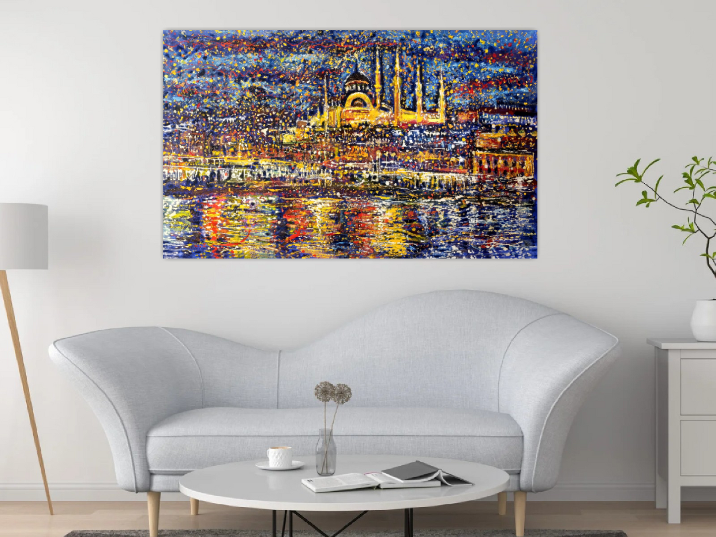 Istanbul painting, Abstract Turkey cityscape, Bosphorus at Starry Night ORIGINAL ART by Alex Solodov